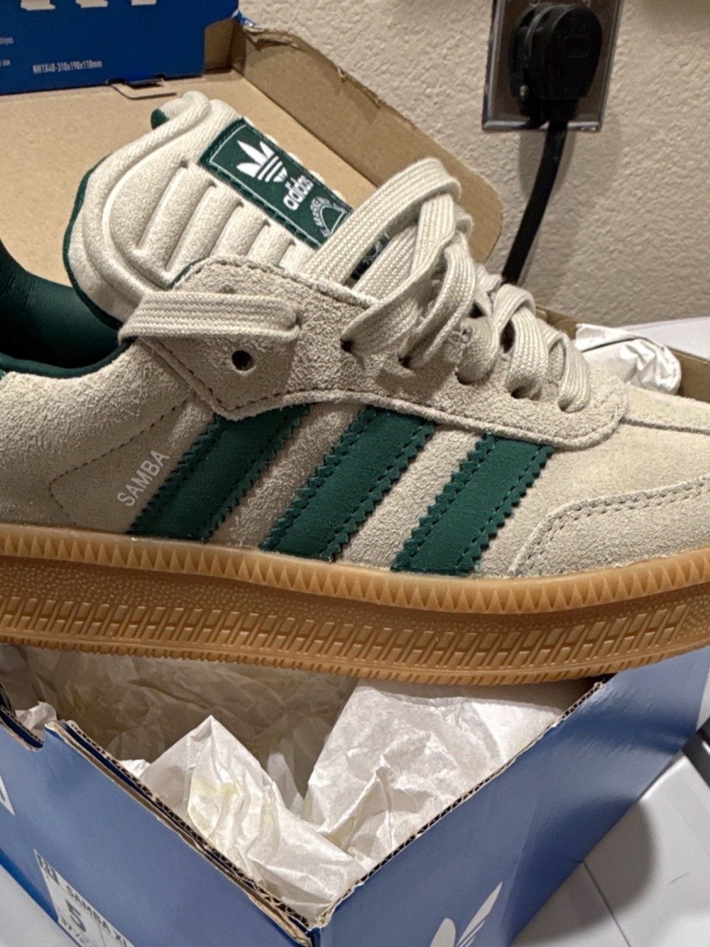 adidas Kids Samba Suede Sneaker - Cream with Green Stripes and Gum Sole